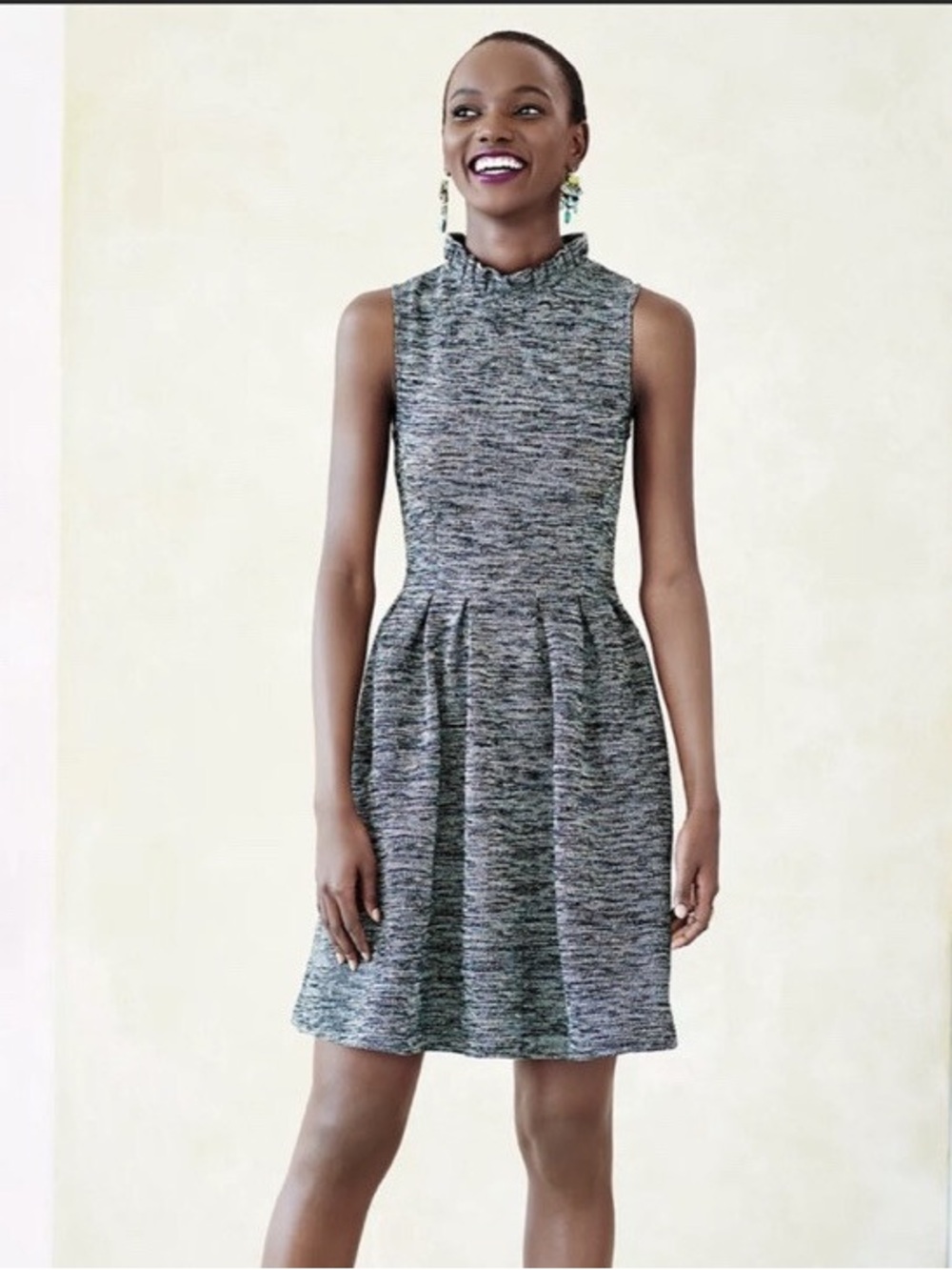Ganni x Anthropologie Pinnacle Tweed Knit Ruffle Mock Neck Fit and Flare Dress